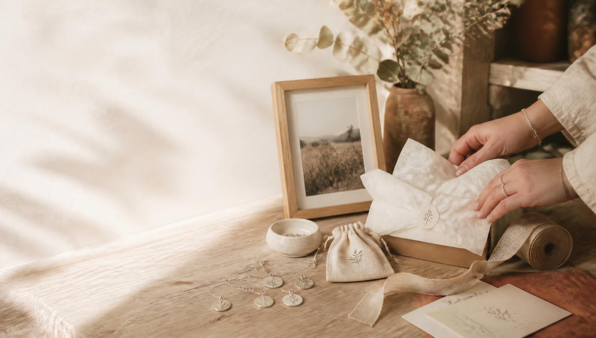 A maker's bench with engraved keepsakes, ribbon and tissue paper
